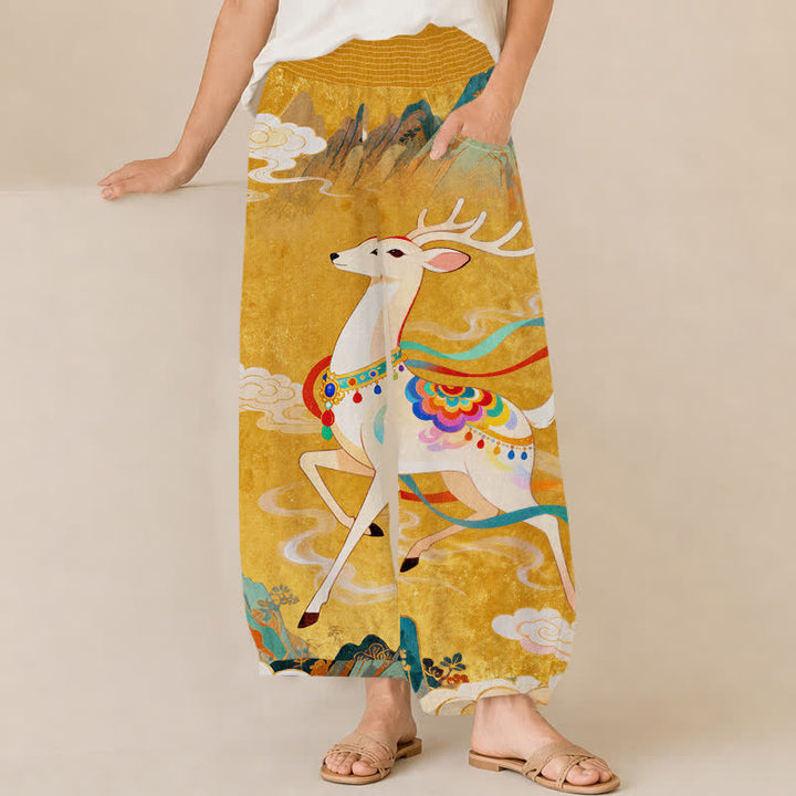 Buddha Stones Cotton Auspicious Deer Cloud Floral Pattern Pleated Elastic Waist Women's Harem Pants With Pockets - Goldenrod - US16，UK/AU20，EU48 (3XL) - image 0