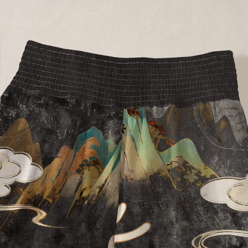 Buddha Stones Cotton Auspicious Deer Cloud Floral Pattern Pleated Elastic Waist Women's Harem Pants With Pockets - image 10