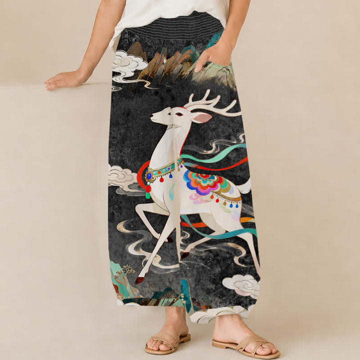 Buddha Stones Cotton Auspicious Deer Cloud Floral Pattern Pleated Elastic Waist Women's Harem Pants With Pockets - Black - US16，UK/AU20，EU48 (3XL) - image 6