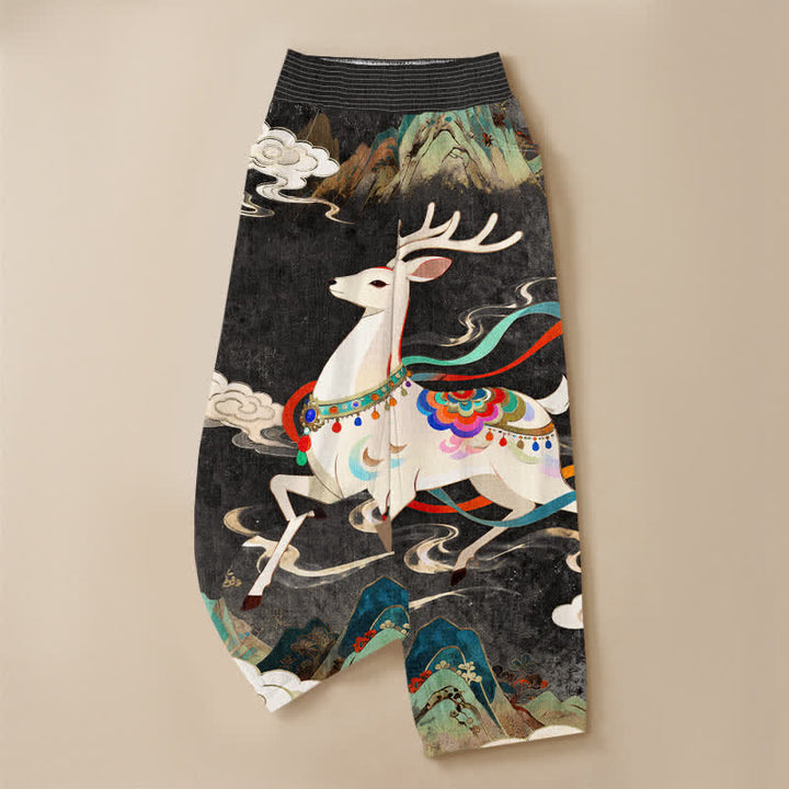 Buddha Stones Cotton Auspicious Deer Cloud Floral Pattern Pleated Elastic Waist Women's Harem Pants With Pockets - image 9