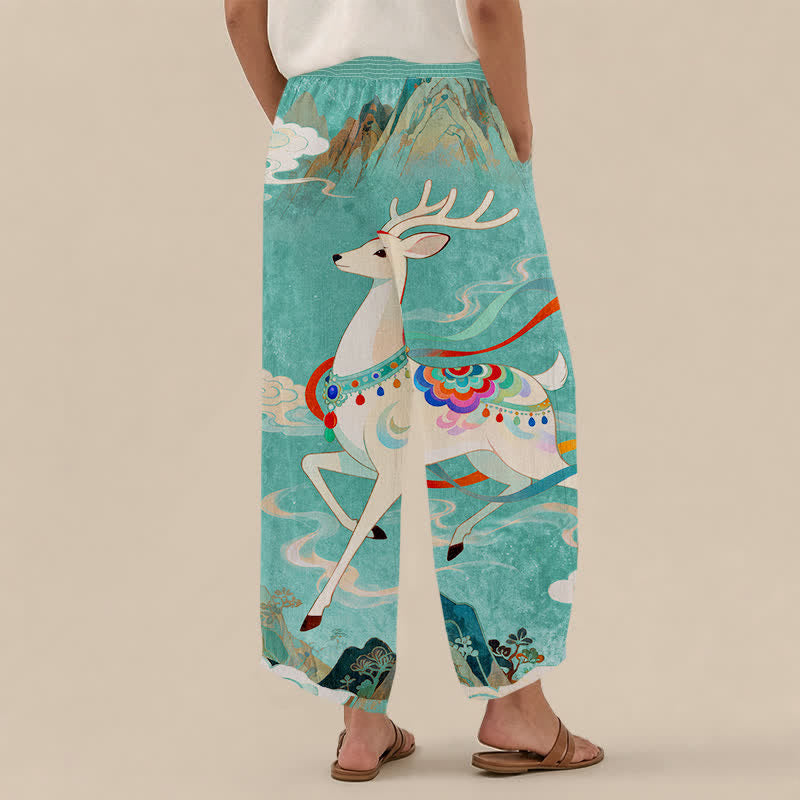 Buddha Stones Cotton Auspicious Deer Cloud Floral Pattern Pleated Elastic Waist Women's Harem Pants With Pockets - image 14