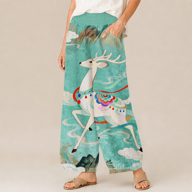 Buddha Stones Cotton Auspicious Deer Cloud Floral Pattern Pleated Elastic Waist Women's Harem Pants With Pockets - image 13