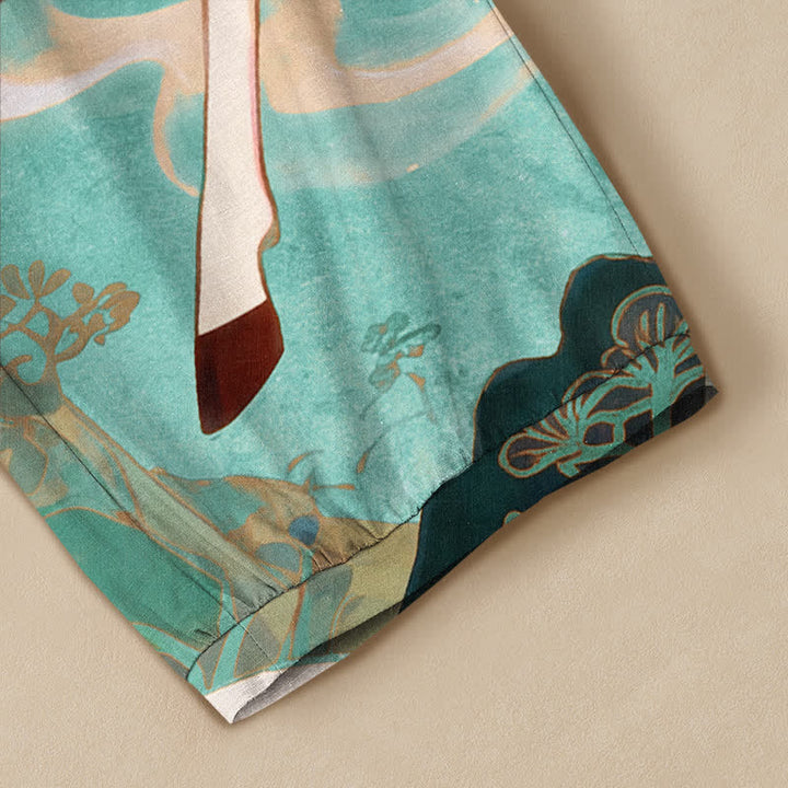 Buddha Stones Cotton Auspicious Deer Cloud Floral Pattern Pleated Elastic Waist Women's Harem Pants With Pockets - image 17