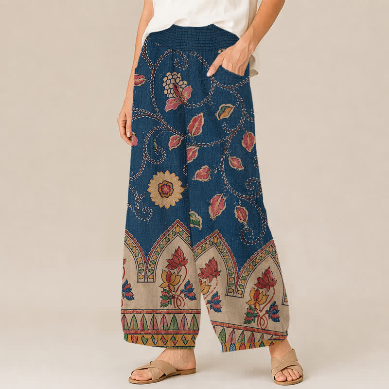 Buddha Stones Cotton Vintage Floral Vine Red Leaves Pattern Pleated Elastic Waist Women's Harem Pants With Pockets - image 1