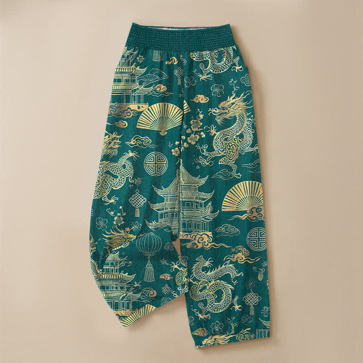 Buddha Stones Cotton Oriental Dragon Palace Pattern Pleated Elastic Waist Women's Harem Pants With Pockets - image 3