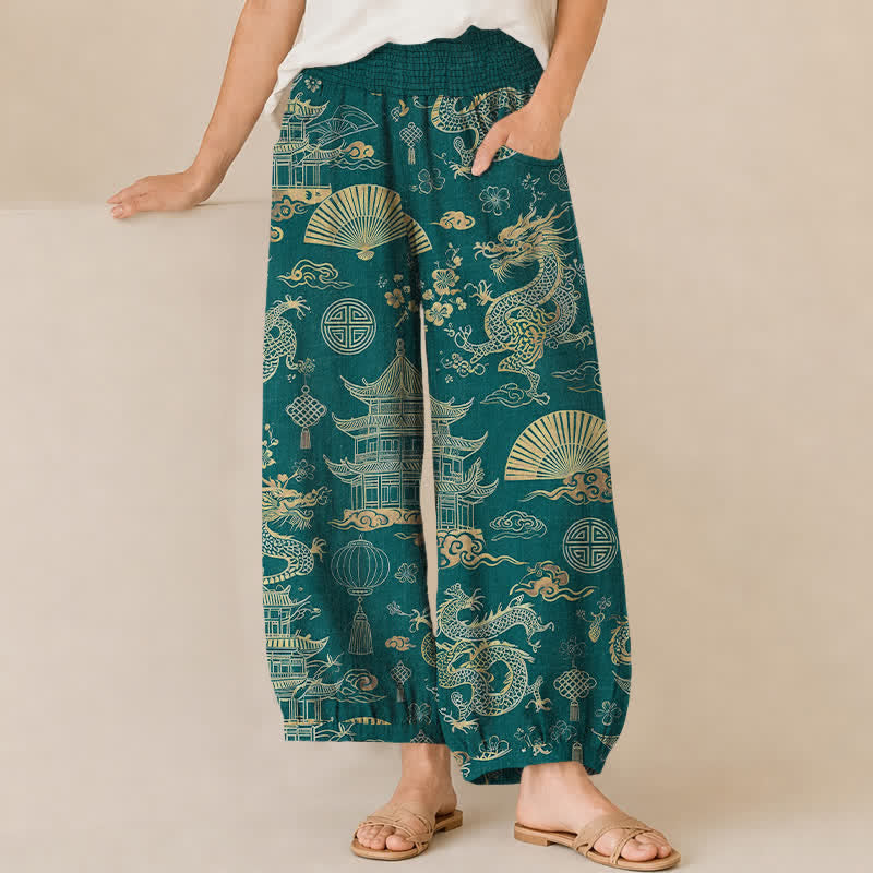 Buddha Stones Cotton Oriental Dragon Palace Pattern Pleated Elastic Waist Women's Harem Pants With Pockets - Teal - US16，UK/AU20，EU48 (3XL) - image 0