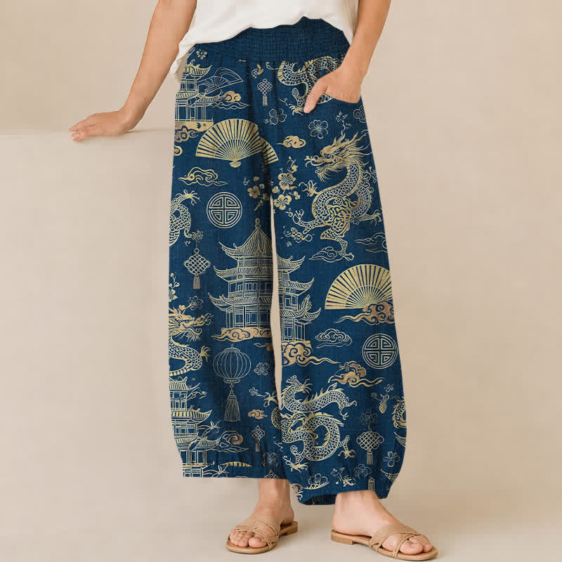Buddha Stones Cotton Oriental Dragon Palace Pattern Pleated Elastic Waist Women's Harem Pants With Pockets - Navy - US16，UK/AU20，EU48 (3XL) - image 6