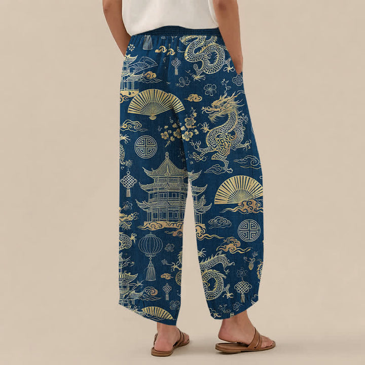 Buddha Stones Cotton Oriental Dragon Palace Pattern Pleated Elastic Waist Women's Harem Pants With Pockets - image 8