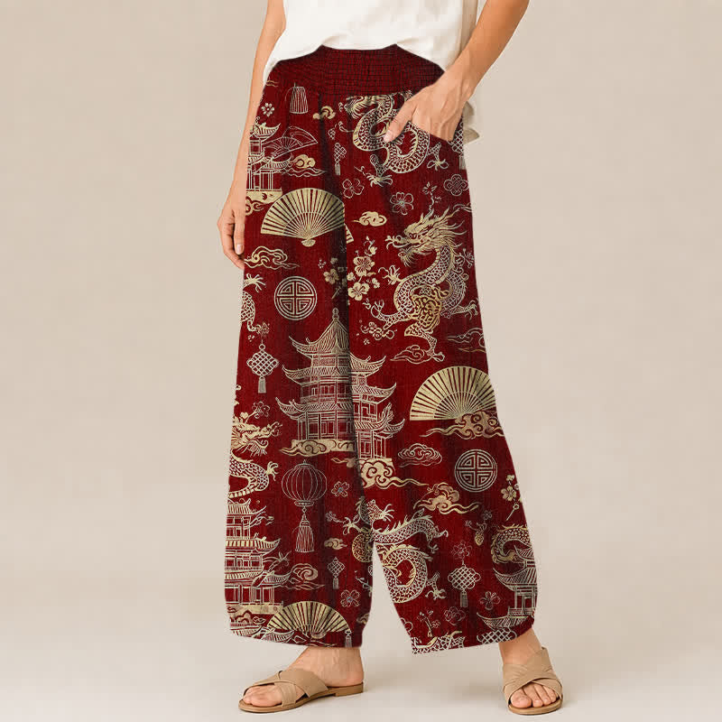 Buddha Stones Cotton Oriental Dragon Palace Pattern Pleated Elastic Waist Women's Harem Pants With Pockets - image 11