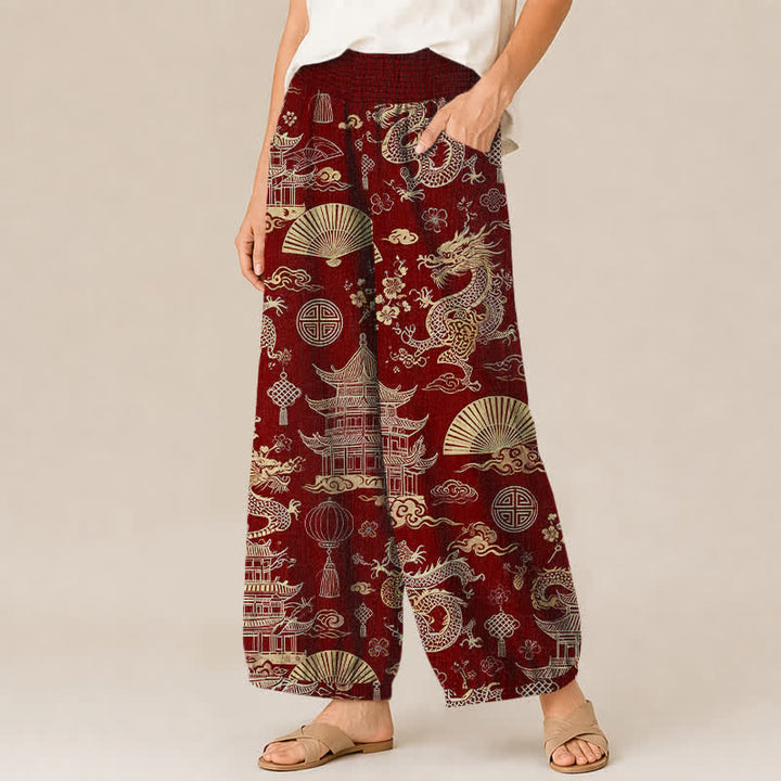 Buddha Stones Cotton Oriental Dragon Palace Pattern Pleated Elastic Waist Women's Harem Pants With Pockets - image 11