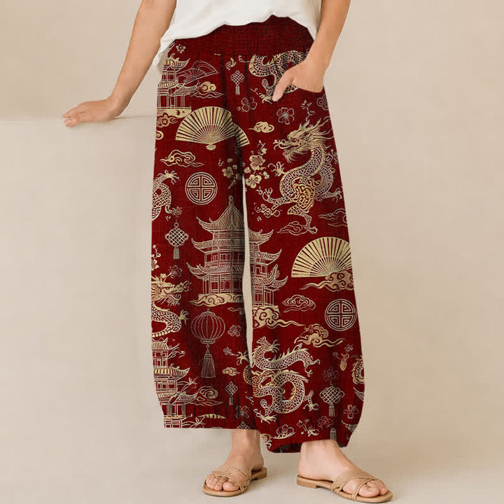 Buddha Stones Cotton Oriental Dragon Palace Pattern Pleated Elastic Waist Women's Harem Pants With Pockets - Maroon - US16，UK/AU20，EU48 (3XL) - image 10
