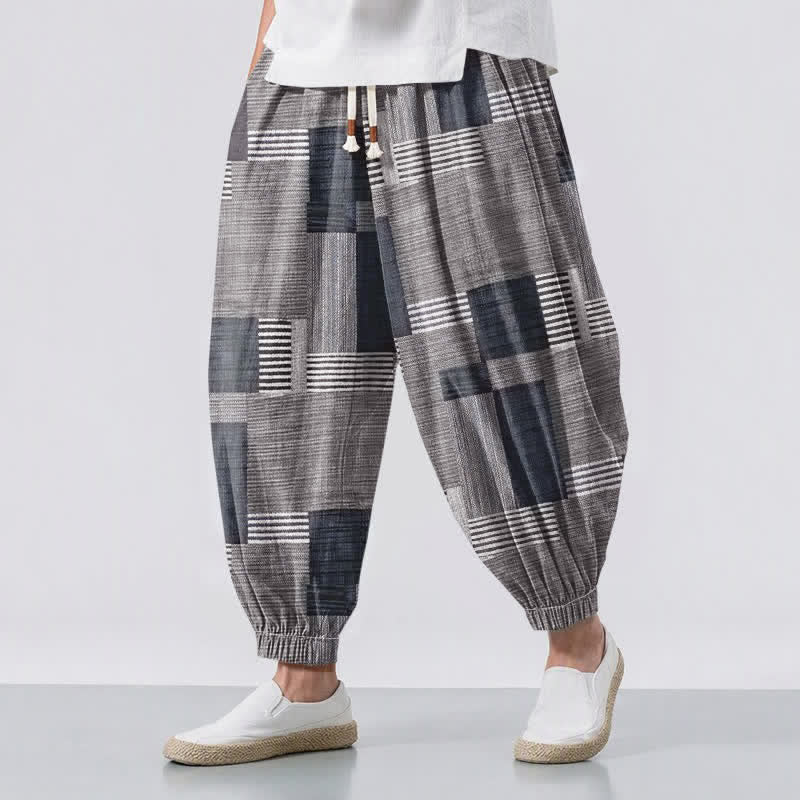 Buddha Stones Pure Cotton Patchwork Plaid Stripe Pattern Drawstring Men's Harem Pants With Pockets - Gray - US/UK/AU50，EU60 (5XL) - image 12