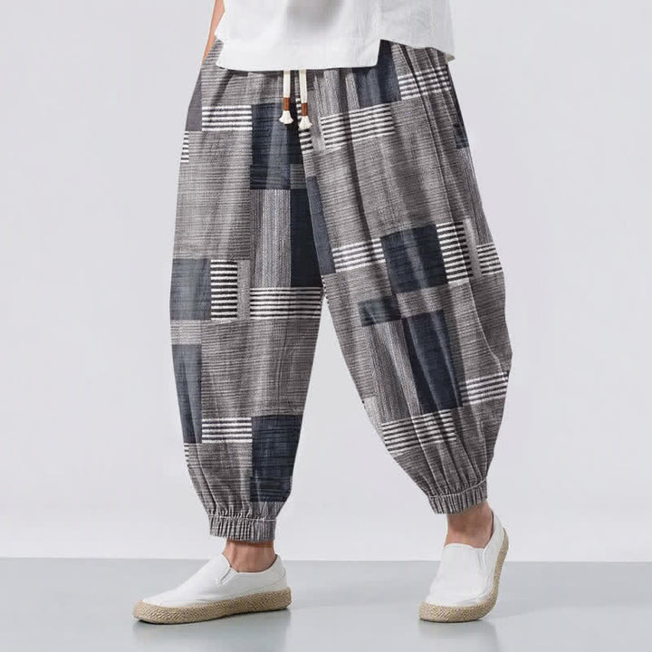 Buddha Stones Pure Cotton Patchwork Plaid Stripe Pattern Drawstring Men's Harem Pants With Pockets - Gray - US/UK/AU50，EU60 (5XL) - image 12