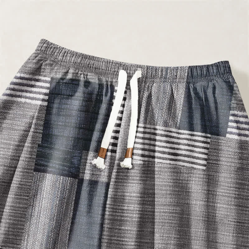 Buddha Stones Pure Cotton Patchwork Plaid Stripe Pattern Drawstring Men's Harem Pants With Pockets - image 15