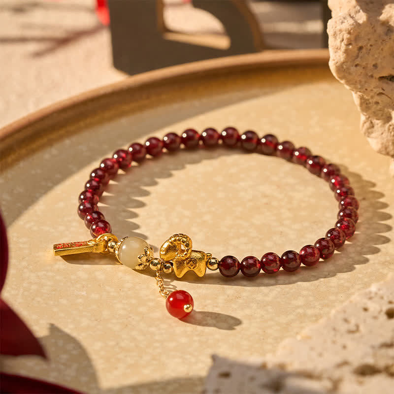 Buddha Stones Year of the Goat Garnet Cute Sheep Lamb Fu Character Coins Protection Bracelet - image 1