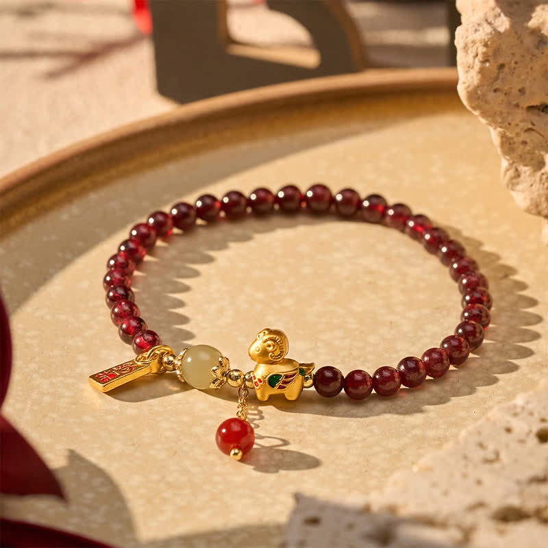 Buddha Stones Year of the Goat Garnet Cute Sheep Lamb Fu Character Coins Protection Bracelet - image 1