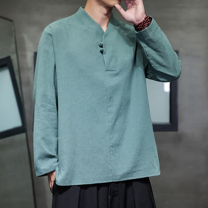 Buddha Stones Spring Fall Casual Tang Style Mandarin Collar Solid Cotton Linen Men's Long Sleeve Shirts - image 3
