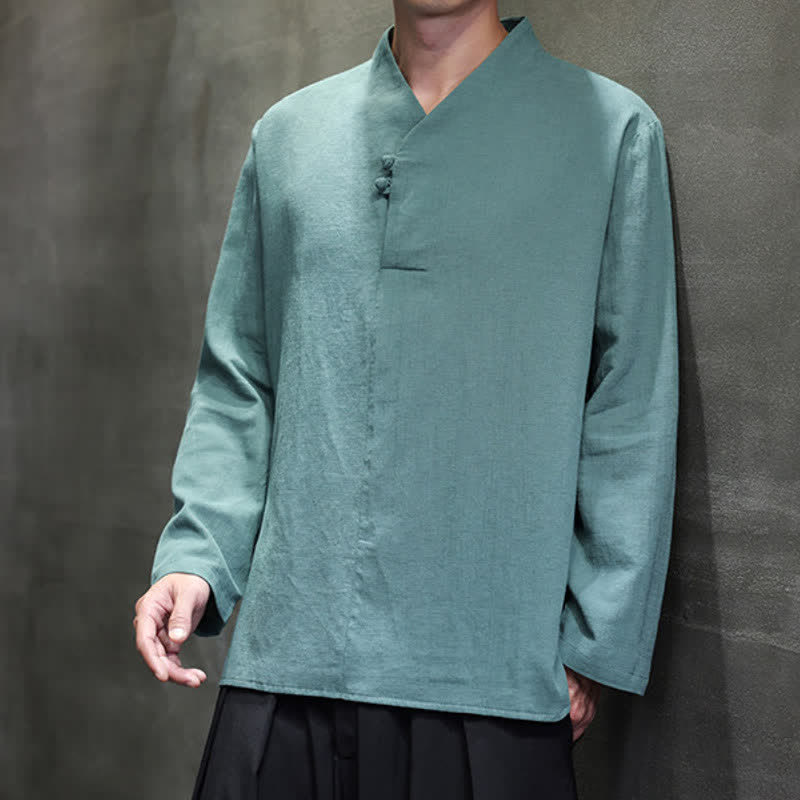 Buddha Stones Spring Fall Casual Tang Style Mandarin Collar Solid Cotton Linen Men's Long Sleeve Shirts - image 2