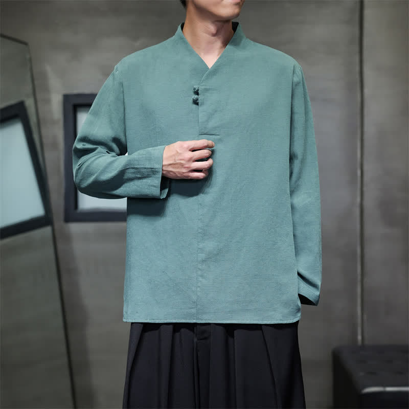 Buddha Stones Spring Fall Casual Tang Style Mandarin Collar Solid Cotton Linen Men's Long Sleeve Shirts - image 5