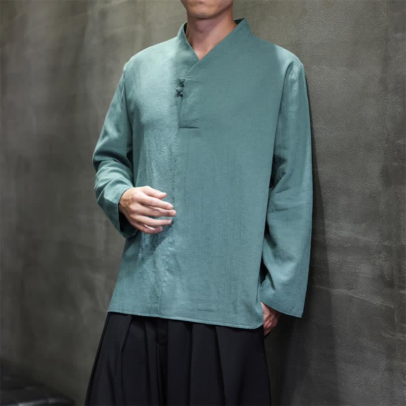 Buddha Stones Spring Fall Casual Tang Style Mandarin Collar Solid Cotton Linen Men's Long Sleeve Shirts - image 6