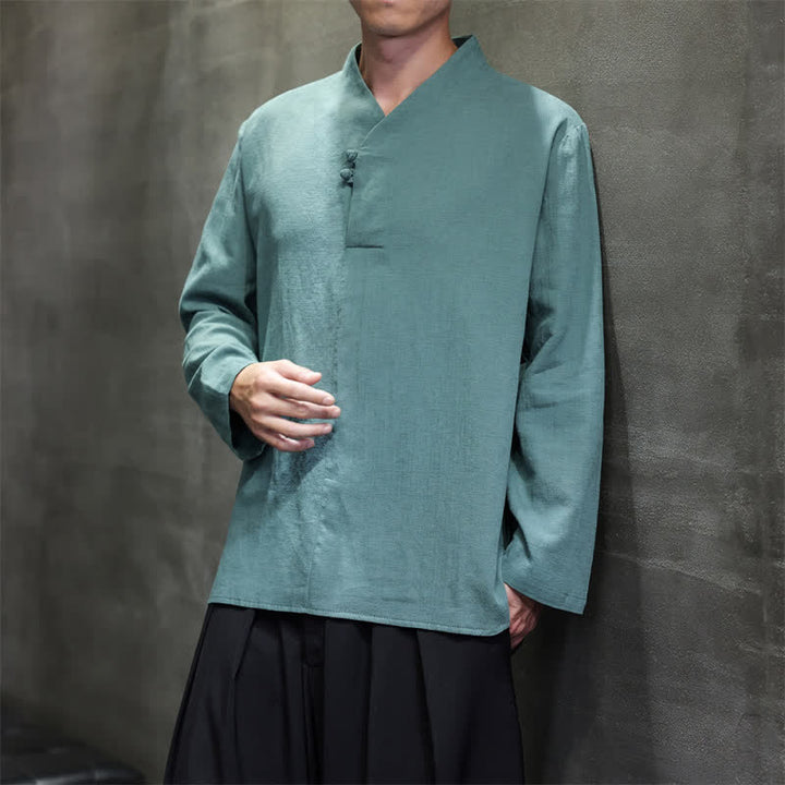 Buddha Stones Spring Fall Casual Tang Style Mandarin Collar Solid Cotton Linen Men's Long Sleeve Shirts - image 6
