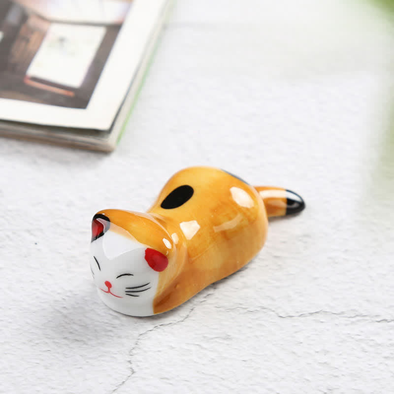 Buddha Stones Ceramic Joyful Cat Style Chopstick Holder - Lying Down - Yellow Approx. 6.2 × 2.3 × 2.2 cm - image 1