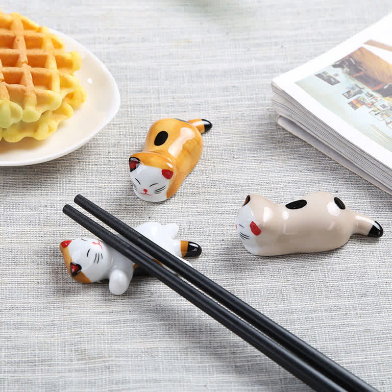 Buddha Stones Ceramic Joyful Cat Style Chopstick Holder - image 14