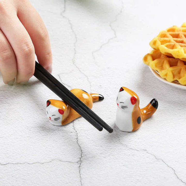 Buddha Stones Ceramic Joyful Cat Style Chopstick Holder - image 11