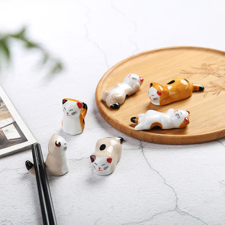 Buddha Stones Ceramic Joyful Cat Style Chopstick Holder - image 0