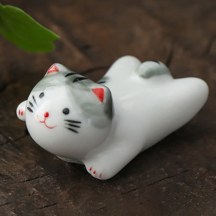 Buddha Stones Hand-Painted Small Cute Cat Ceramic Chopstick Holder - Gray Approx. 5.1 × 3.1 × 2.5 cm - image 2