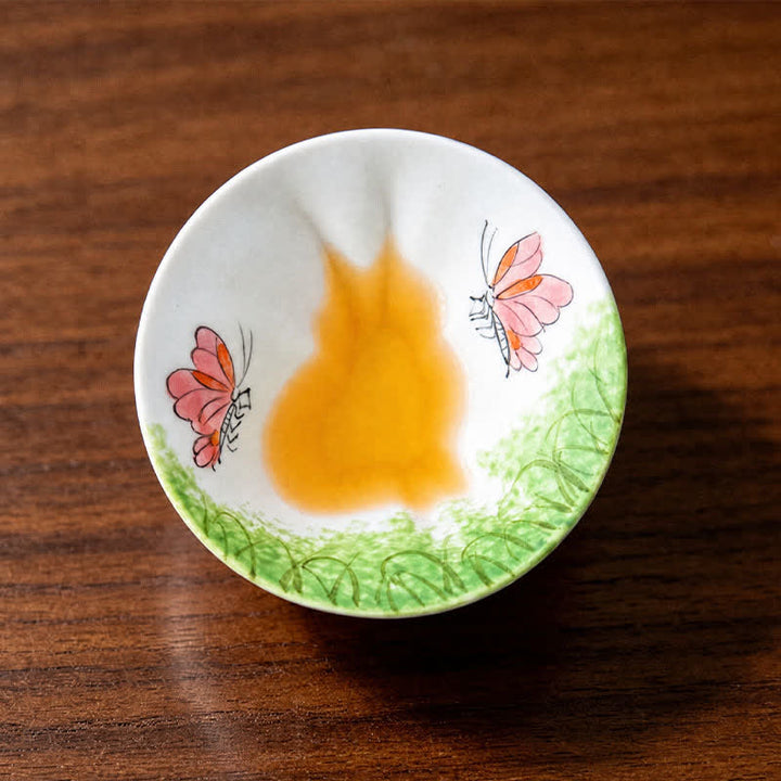 Buddha Stones Hand-Painted Cat Pattern Floral Ceramic Tea Cup 30 ml - Green Field & Pink Butterflies - Approx. 30 ml - image 13
