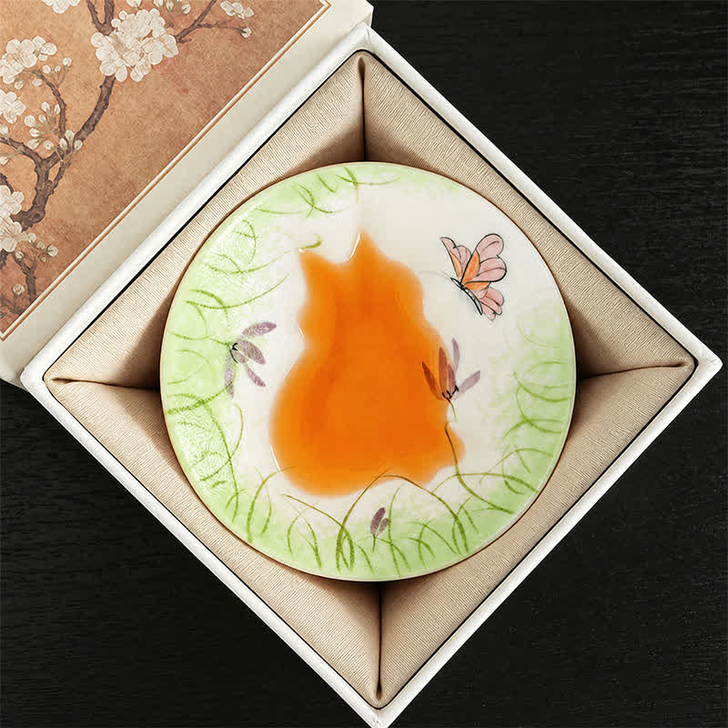 Buddha Stones Hand-Painted Cat Pattern Floral Ceramic Tea Cup 30 ml - Butterflies Dancing Over Green Grass(Gift Box) - Approx. 30 ml - image 26