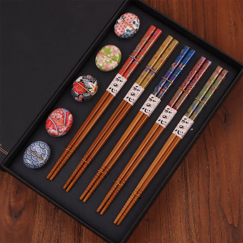 Buddha Stones 5 Pair of Multicolor Floral Bamboo Wood Gift Set Chopsticks With 5Pcs Ceramic Holders - Bamboo Chopsticks+Ceramic Rests (Floral Pattern) - image 0