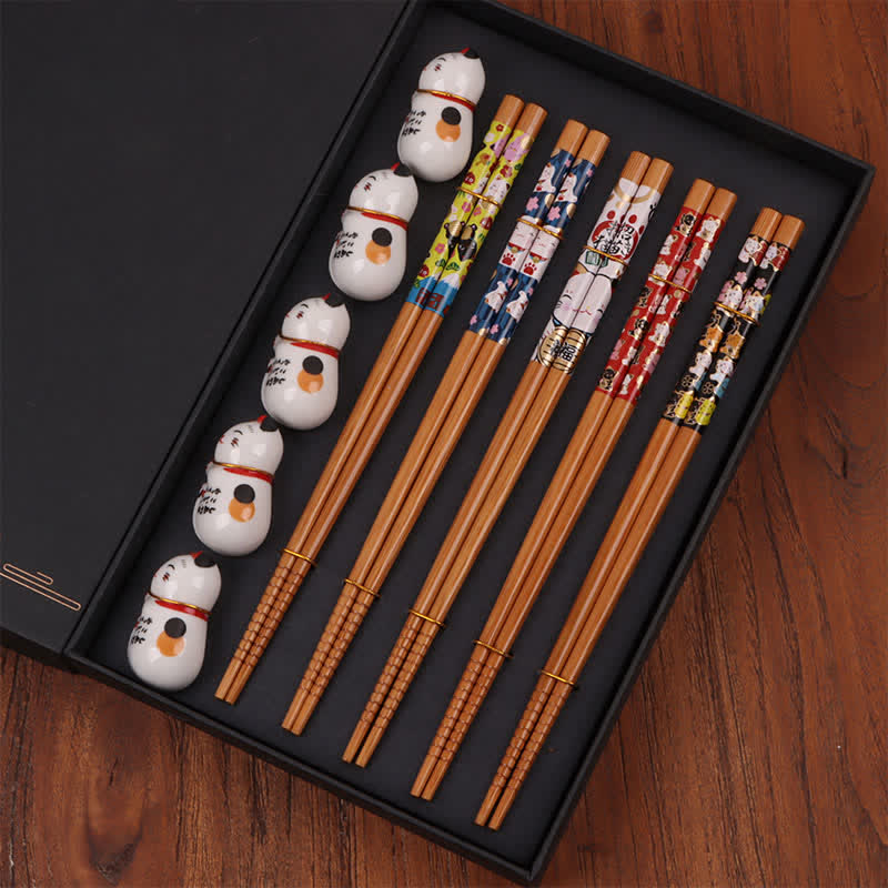 Buddha Stones 5 Pair of Multicolor Floral Bamboo Wood Gift Set Chopsticks With 5Pcs Ceramic Holders - Bamboo Chopsticks+Ceramic Rests (Lucky Cat Pattern) - image 1