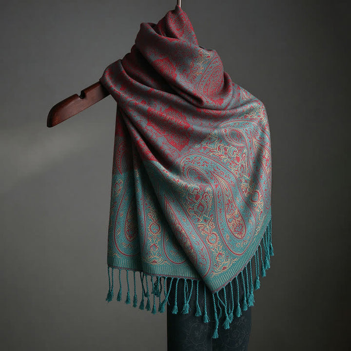 Buddha Stones Spring Fall Paisley Tassel Elegant Women's Scarf - Cyan Red - Approx. 70 × 200 cm - image 11