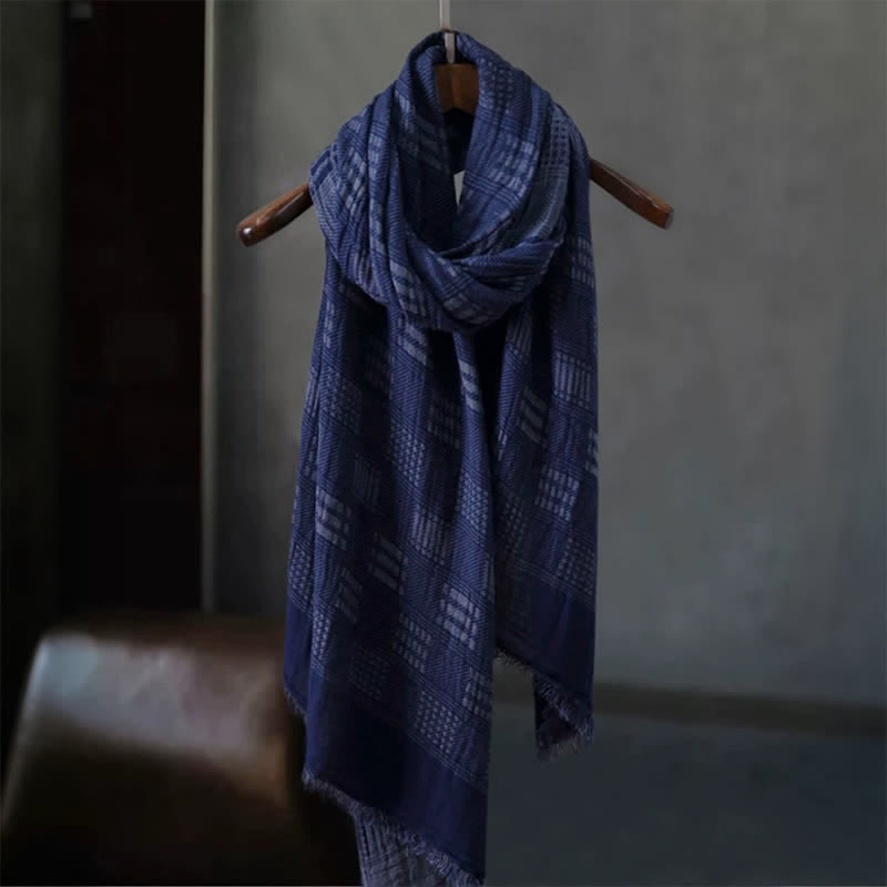 Buddha Stones Spring Fall Deep Blue Geometric Fringed Men's Scarf - MidnightBlue - 65*190cm - image 0