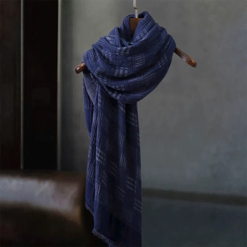 Buddha Stones Spring Fall Deep Blue Geometric Fringed Men's Scarf - image 3