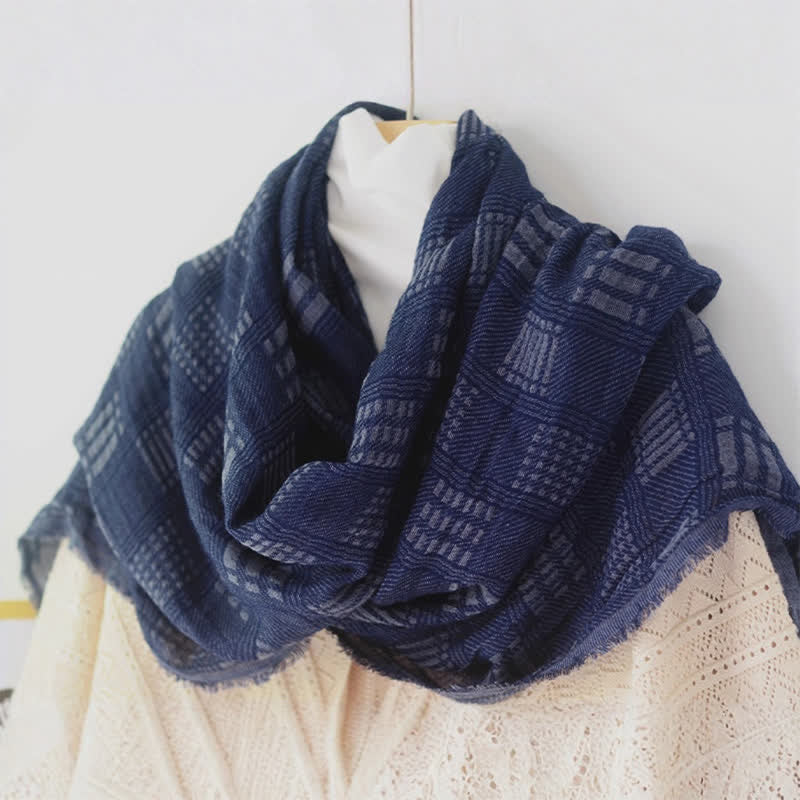 Buddha Stones Spring Fall Deep Blue Geometric Fringed Men's Scarf - image 6