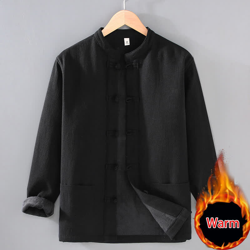 Buddha Stones Fall Winter Casual Tang Style Mandarin Collar Solid Ramie Men's Jacket With Pockets - Black - US/UK/AU42，EU52 (3XL) - image 1