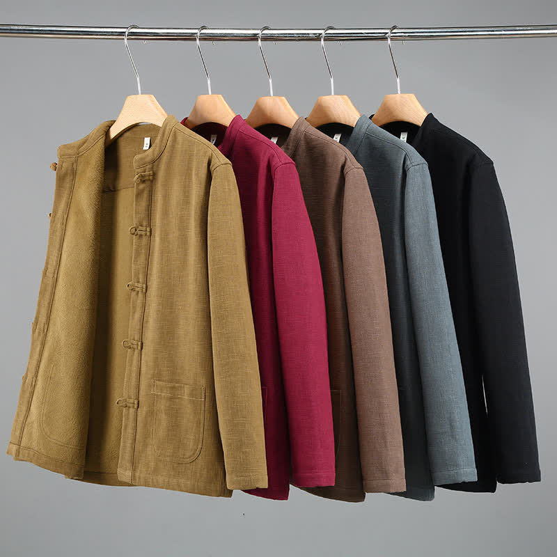 Buddha Stones Fall Winter Casual Tang Style Mandarin Collar Solid Ramie Men's Jacket With Pockets - image 15