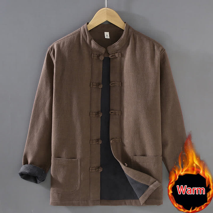 Buddha Stones Fall Winter Casual Tang Style Mandarin Collar Solid Ramie Men's Jacket With Pockets - SaddleBrown - US/UK/AU42，EU52 (3XL) - image 2