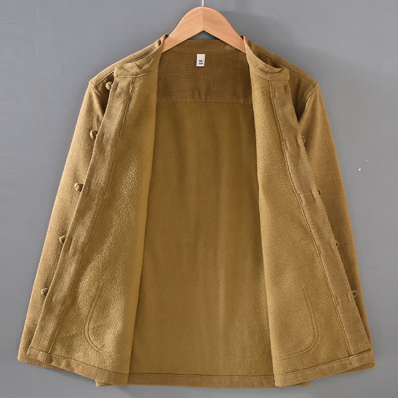 Buddha Stones Fall Winter Casual Tang Style Mandarin Collar Solid Ramie Men's Jacket With Pockets - image 6