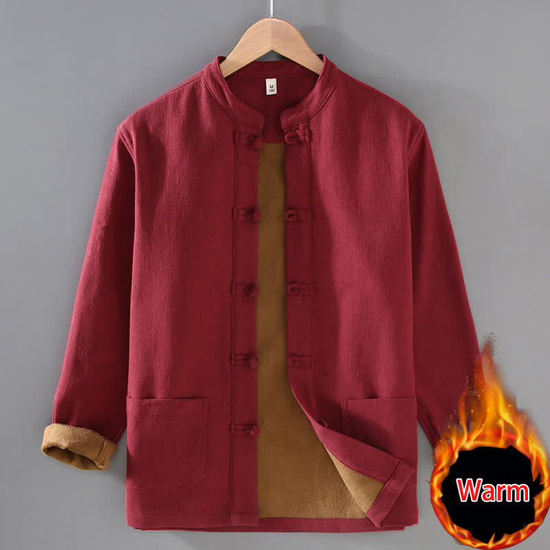Buddha Stones Fall Winter Casual Tang Style Mandarin Collar Solid Ramie Men's Jacket With Pockets - FireBrick - US/UK/AU42，EU52 (3XL) - image 3