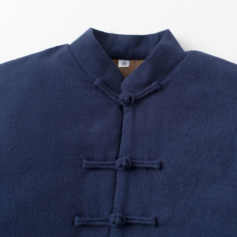 Buddha Stones Fall Winter Casual Tang Style Mandarin Collar Frog Button Solid Thickened Men's Jacket With Pockets - image 1