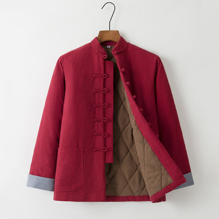 Buddha Stones Fall Winter Casual Tang Style Mandarin Collar Frog Button Solid Thickened Men's Jacket With Pockets - FireBrick - US/UK/AU44，EU54 (4XL) - image 11