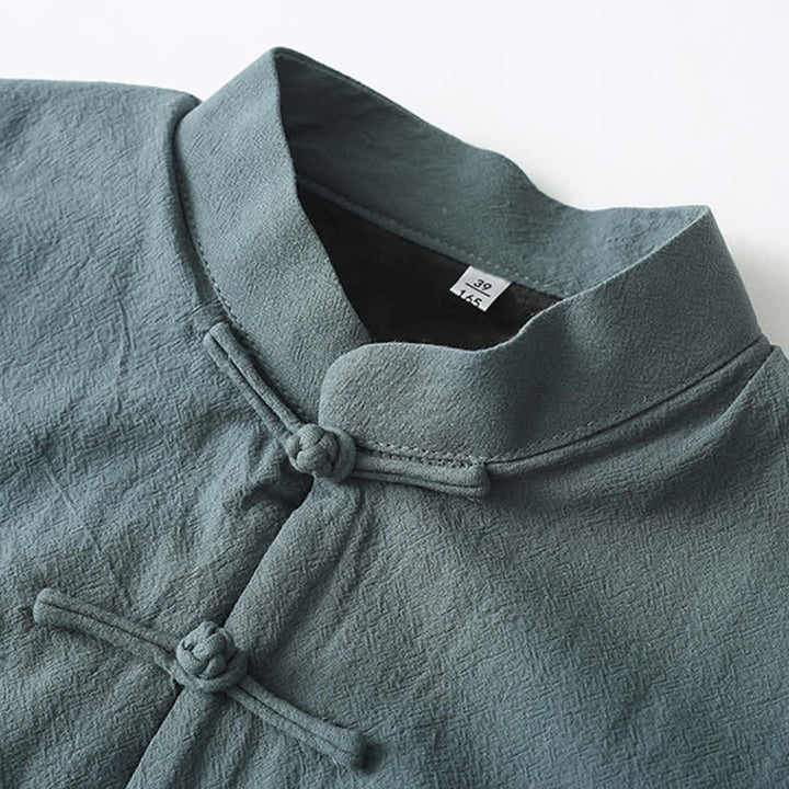 Buddha Stones Fall Casual Tang Style Mandarin Collar Frog Button Solid Fleece-lined Cotton Linen Men's Jacket With Pocket - image 2