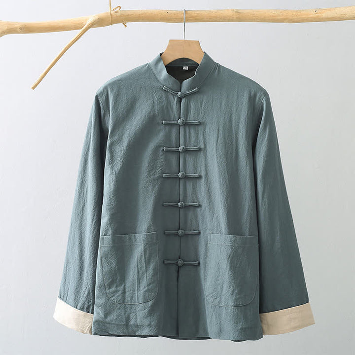 Buddha Stones Fall Casual Tang Style Mandarin Collar Frog Button Solid Fleece-lined Cotton Linen Men's Jacket With Pocket - image 1