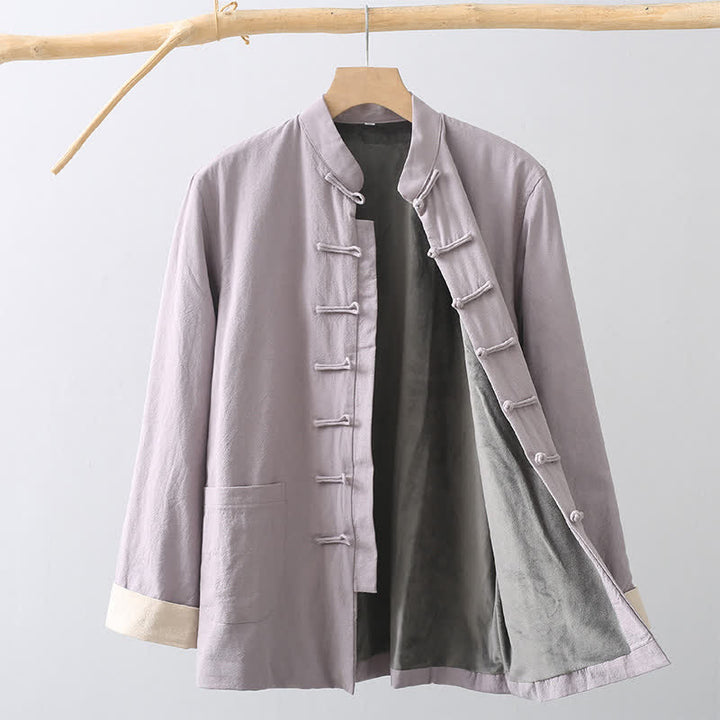 Buddha Stones Fall Casual Tang Style Mandarin Collar Frog Button Solid Fleece-lined Cotton Linen Men's Jacket With Pocket - DarkGray - US/UK/AU46，EU56 (5XL) - image 17