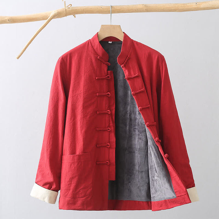 Buddha Stones Fall Casual Tang Style Mandarin Collar Frog Button Solid Fleece-lined Cotton Linen Men's Jacket With Pocket - FireBrick - US/UK/AU46，EU56 (5XL) - image 15