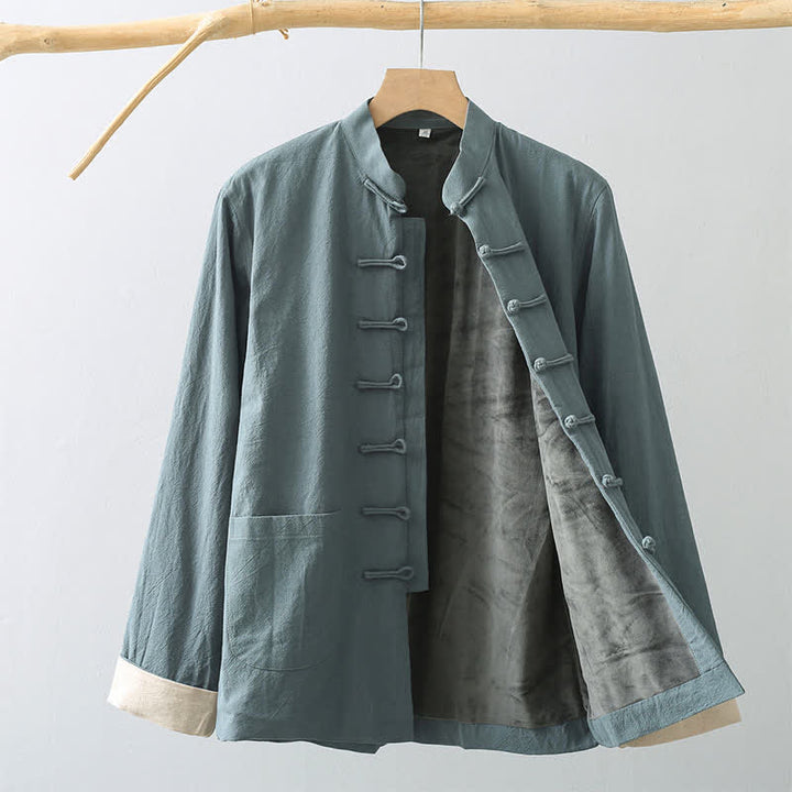 Buddha Stones Fall Casual Tang Style Mandarin Collar Frog Button Solid Fleece-lined Cotton Linen Men's Jacket With Pocket - CadetBlue - US/UK/AU46，EU56 (5XL) - image 0